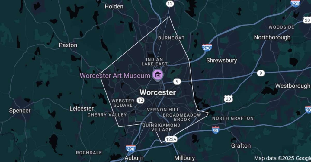 Worcester Map - Mobile IV Therapy in Worcester.