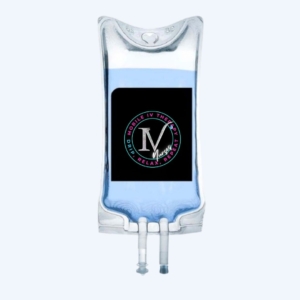 IV bag with the IV Nurses logo. Promotional image for “My World is Spinning" Migraine Treatment.