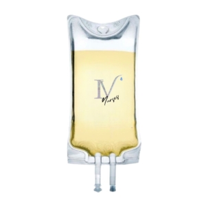 IV bag with the IV Nurses logo. Promotional image for The OMG treatment.