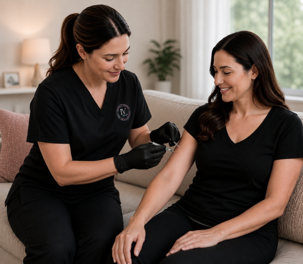 A Mobile IV Therapy Nurses professional wearing black scrubs and gloves administering an injection to a smiling client sitting on a sofa.